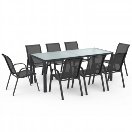 Salon de jardin MADRID table 190 CM et 8 chaises empilables gris anthracite plateau clair