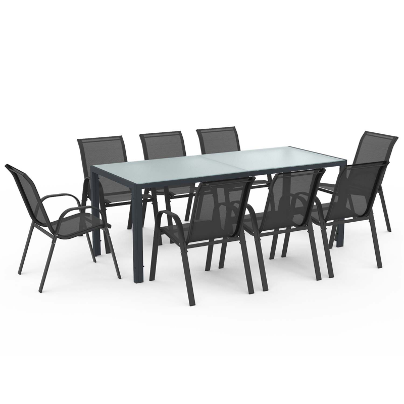 Salon Jardin Madrid - Table 190cm Verre Trempé + 8 Chaises Empilables (Blanc/Gris)