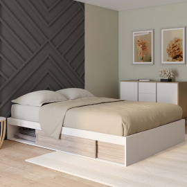 Cadre de lit SALEM avec rangements et sommier 140 x 190 cm blanc et hêtre