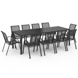 Salon de jardin MADRID table 240 CM et 10 chaises empilables gris anthracite