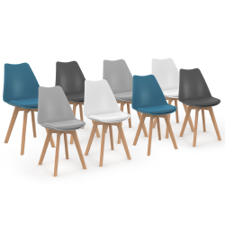 15229 - Set di 8 sedie scandinave, 4 colori Lot de 8 chaises scandinaves SARA mix color blanc x2, gris clair x2, gris foncé x2, bleu canard x2