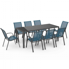 Salon de jardin MADRID table 190 CM et 8 chaises empilables bleu canard