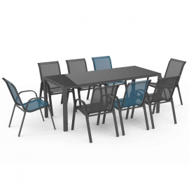 Salon de jardin MADRID table 190 cm et 8 chaises empilables mix color bleu, gris et noir