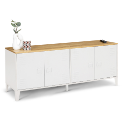 16086 - Credenza bassa industriale con 4 ante in metallo bianco e piano in legno Buffet bas 140 cm ESTER 4 portes métal blanc plateau bois design industriel
