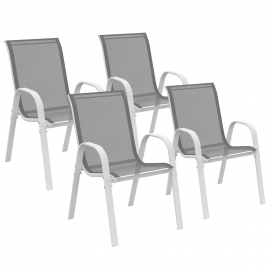 Lot de 4 chaises de jardin LYMA métal et textilène empilables blanc et gris