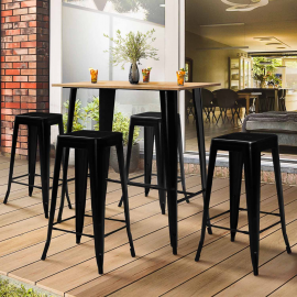 Table haute de bar LENNY 100 cm noir plateau bois et 4 tabourets de bar métal noir mat empilables