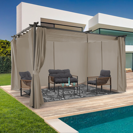 Pérgola edición limitada con techo retráctil 3x4 m y 4 cortinas topo