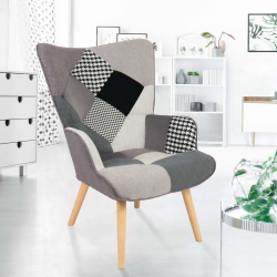 16015 - Poltrona in tessuto grigio, bianco e nero in stile scandinavo Fauteuil scandinave IVAR en tissu patchwork noir, gris et blanc