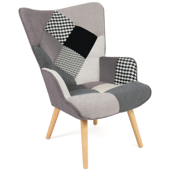 Fauteuil scandinave IVAR en tissu patchwork noir, gris et blanc Fauteuil scandinave IVAR en tissu patchwork noir, gris et blanc