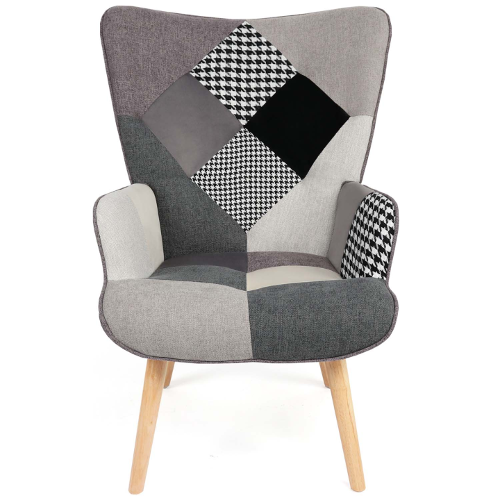 Fauteuil scandinave IVAR en tissu patchwork noir, gris et blanc Fauteuil scandinave IVAR en tissu patchwork noir, gris et blanc