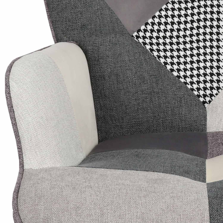 Fauteuil scandinave IVAR en tissu patchwork noir, gris et blanc Fauteuil scandinave IVAR en tissu patchwork noir, gris et blanc