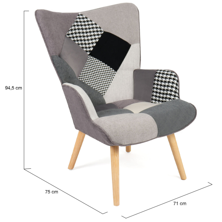 Fauteuil scandinave IVAR en tissu patchwork noir, gris et blanc Fauteuil scandinave IVAR en tissu patchwork noir, gris et blanc