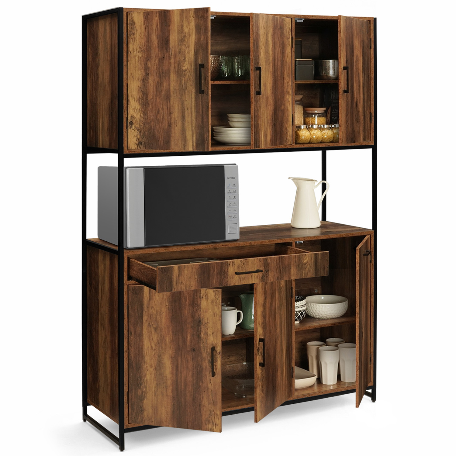 Buffet Cuisine IDMarket BOSTON 120cm - Meuble Rangement Industriel 6 Portes + Tiroir, Noir/Bois