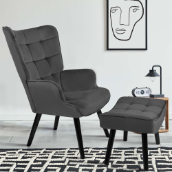 16020 - Poltrona in velluto grigio antracite, stile scandinavo Fauteuil scandinave ANIA avec repose pieds velours gris anthracite