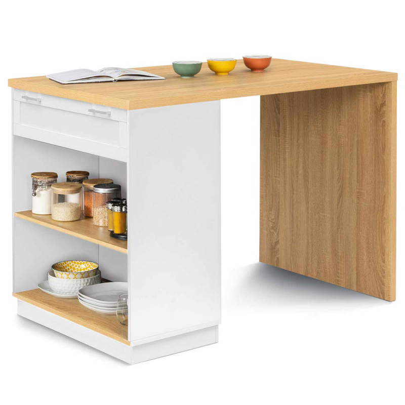 Îlot Central Mange-Debout VITO 130cm Noir Et Marbre - Cuisine Avec Rangements