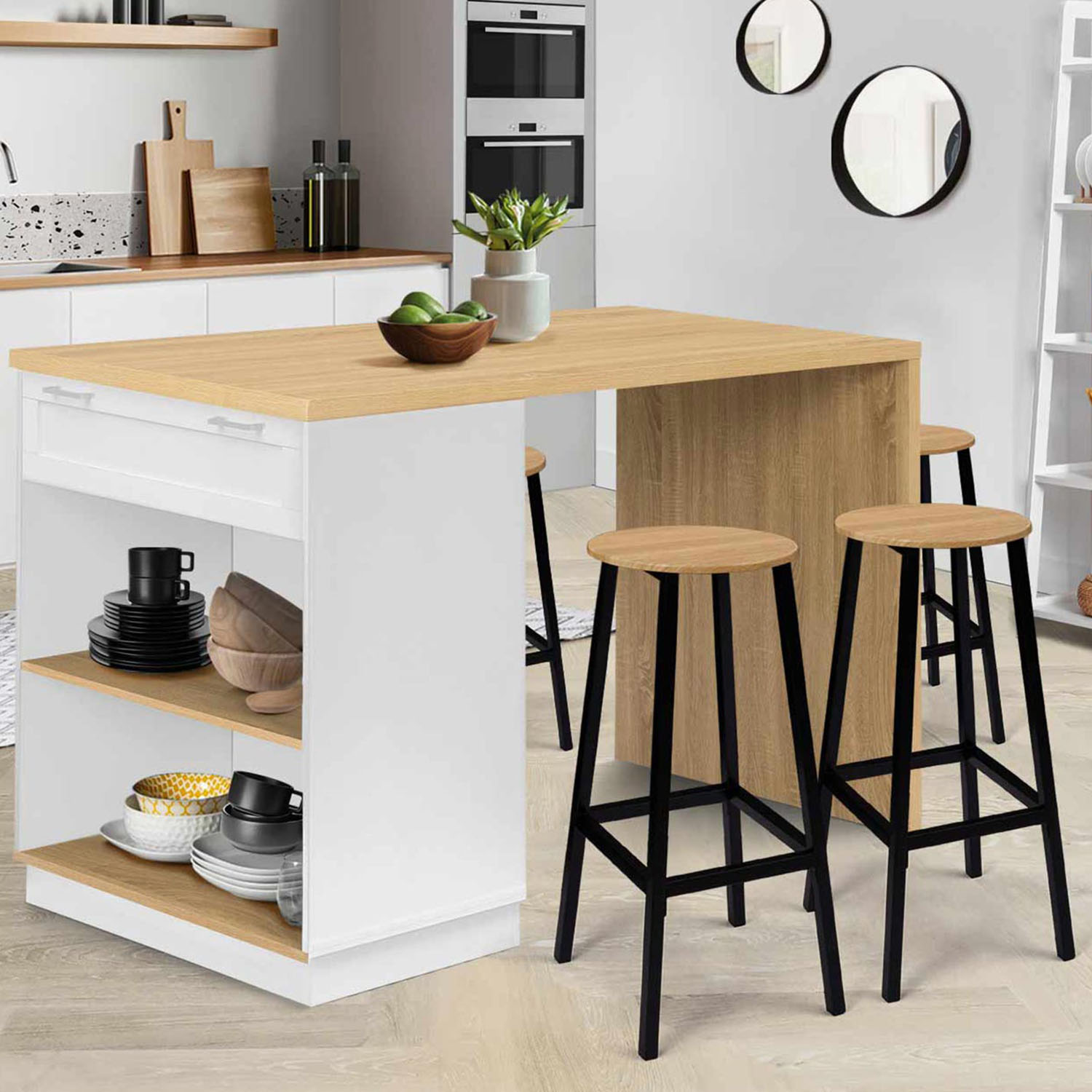 Ilot central blanc et bois 4 personnes 130 cm - VITO | ID Market