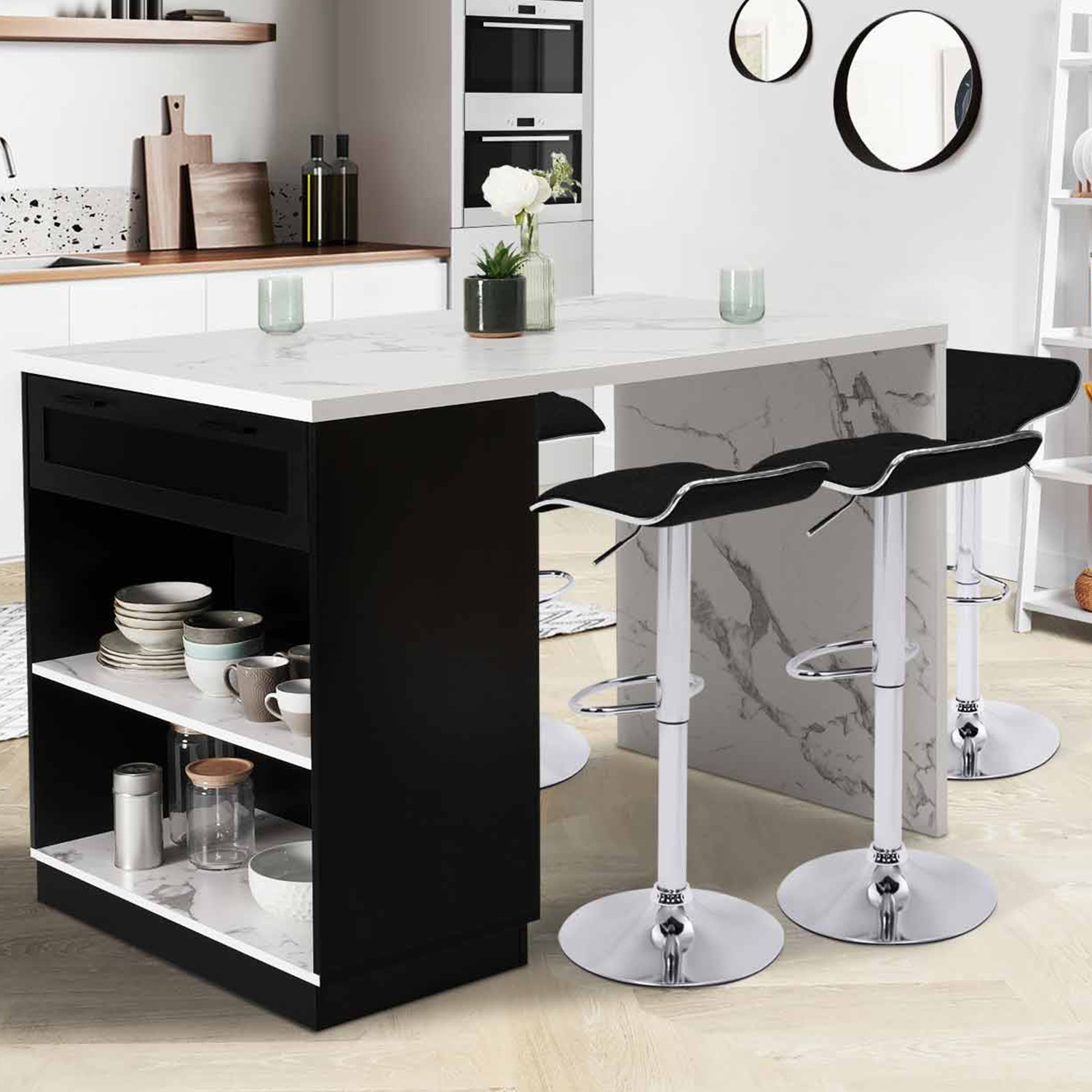 Ilot central effet marbre et noir 130 cm pour 4 personnes