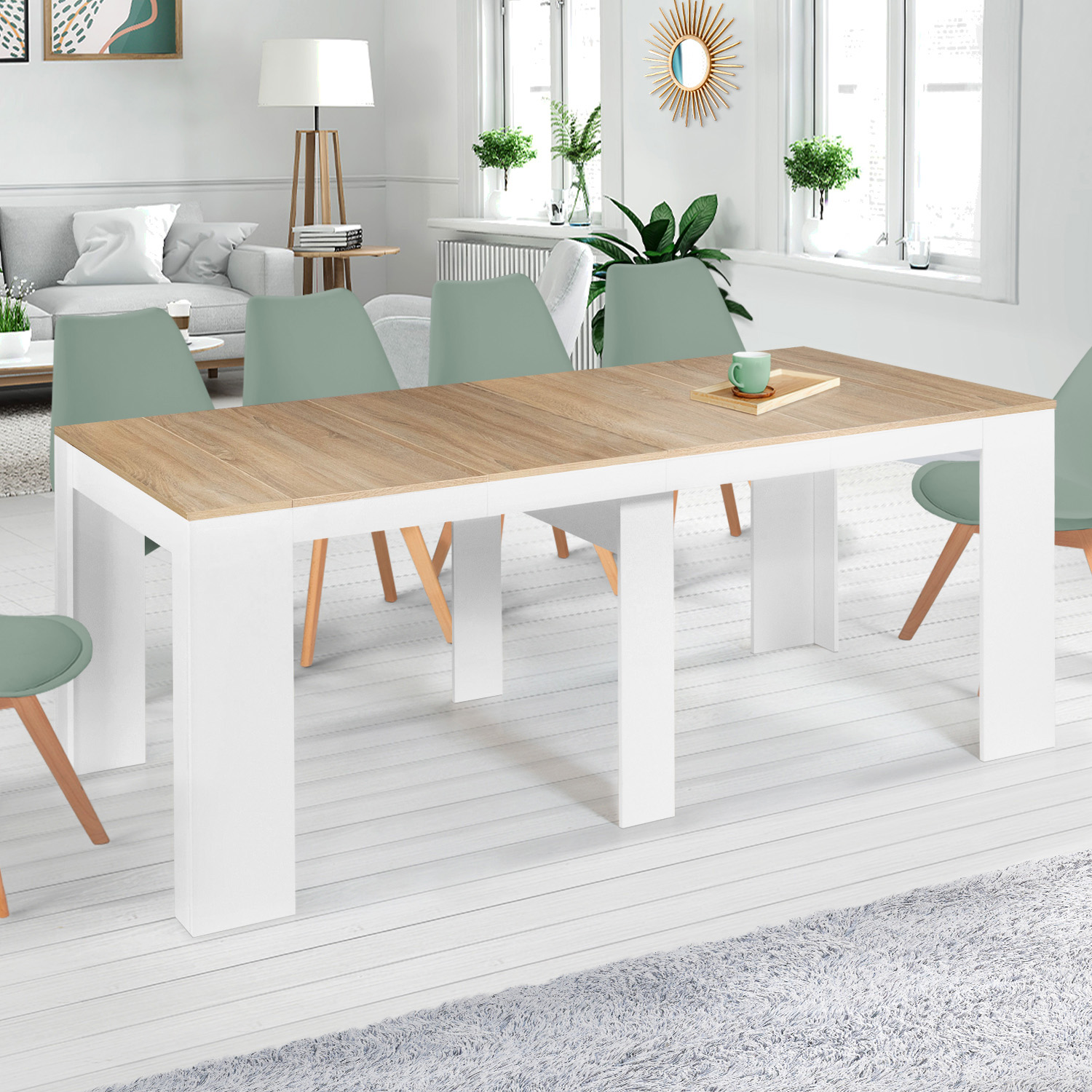 Table console extensible bois façon hêtre et blanc 10 personnes