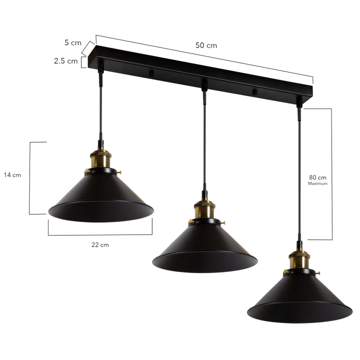 Suspension 3 lampes industrielles vintage en métal noir Suspension 3 lampes industrielles vintage en métal noir