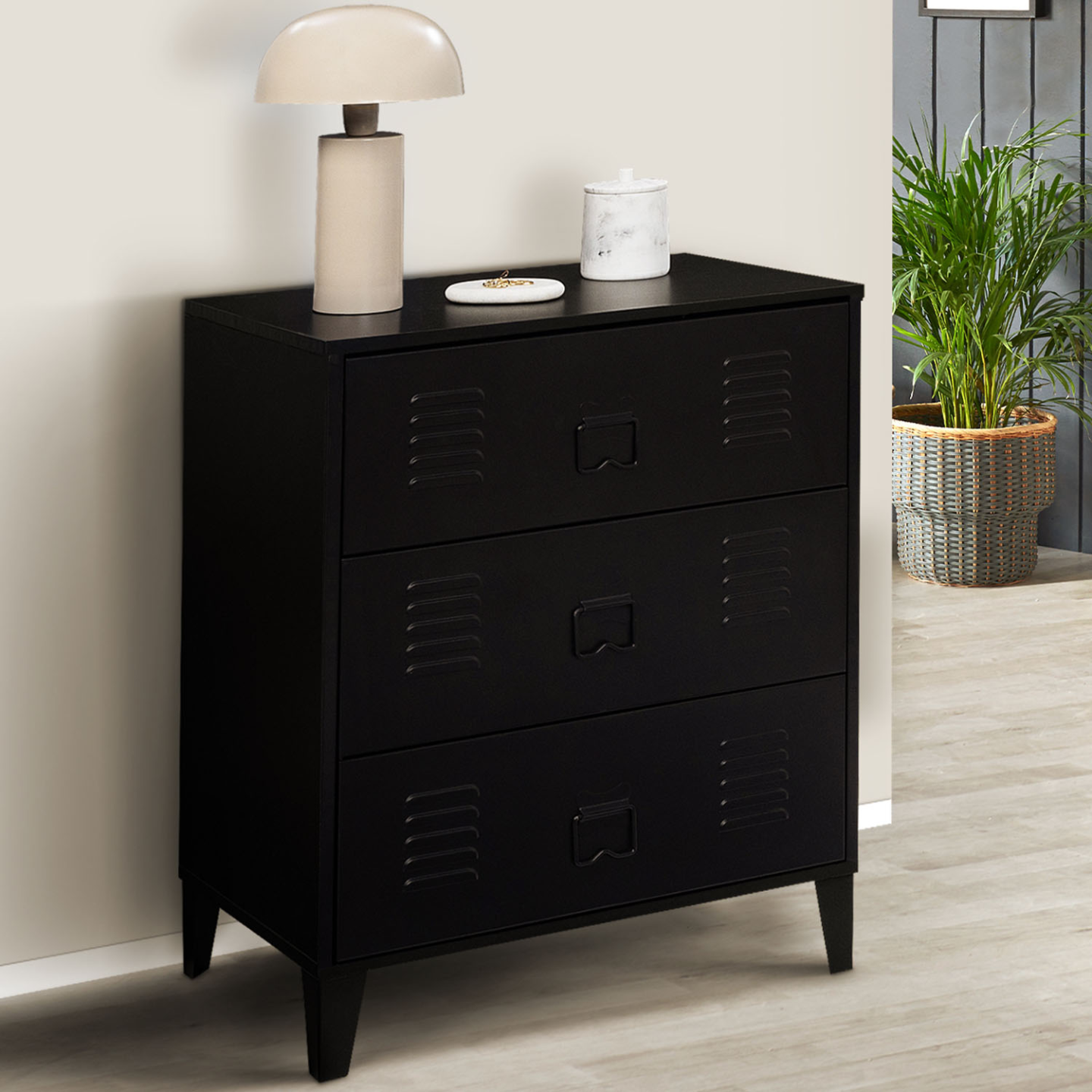 Cassettiera Industriale BOSTON – 4 Cassetti + Ripiano, Legno E Metallo Nero, 108x39,5x75 Cm – Design Loft Newyorkese