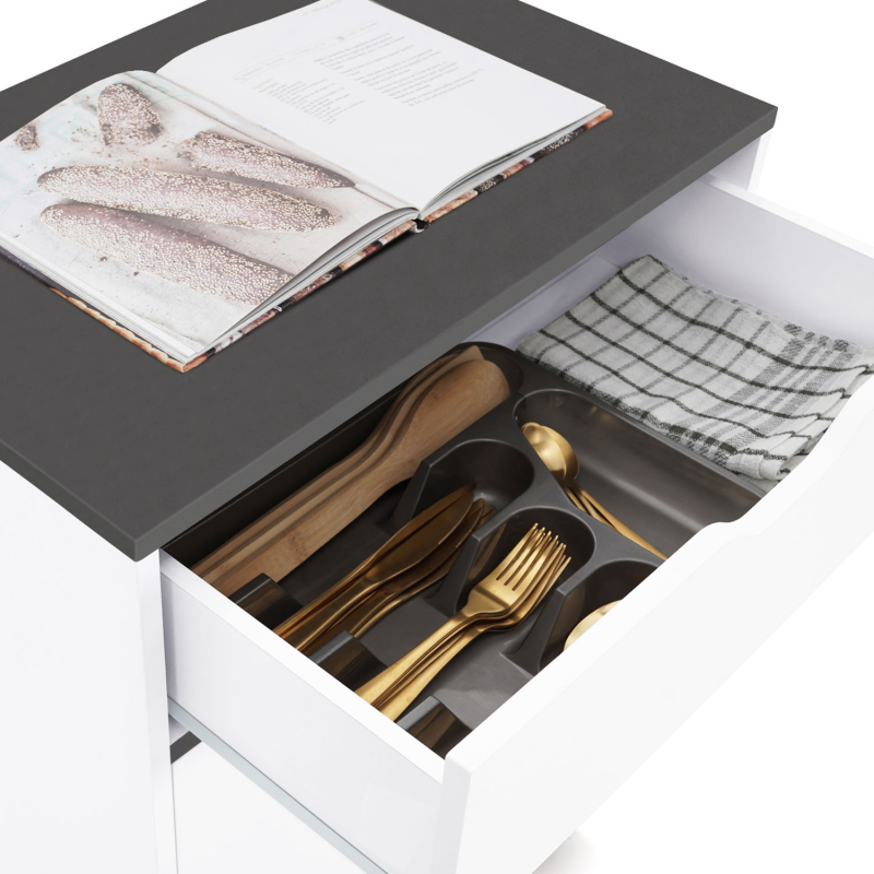 Desserte De Cuisine COSY Avec Tiroir Et Placard - Blanc & Gris - L.60cm - Roulante Multi-usages