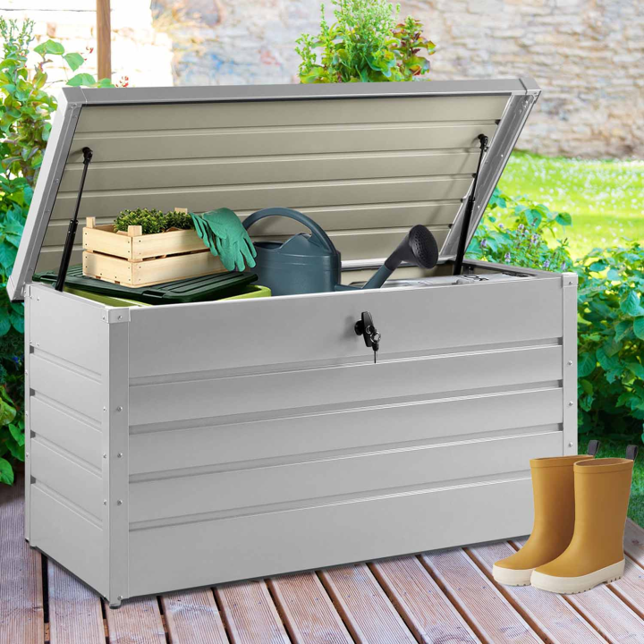 Coffre de rangement en métal gris clair pour jardin 350L verrouillable Coffre de rangement en métal gris clair pour jardin 350L verrouillable