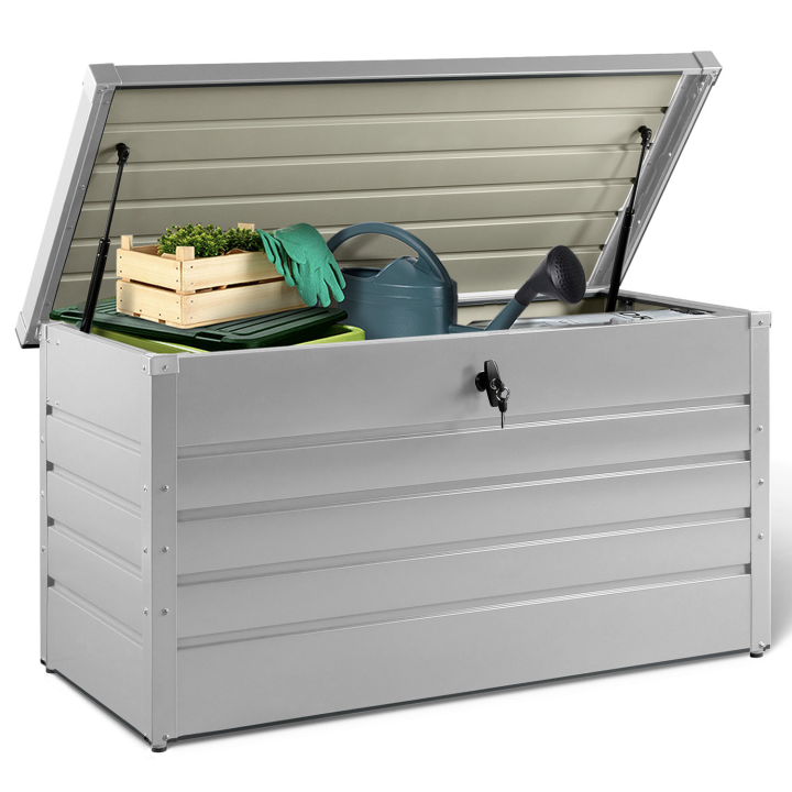 Coffre de rangement en métal gris clair pour jardin 350L verrouillable Coffre de rangement en métal gris clair pour jardin 350L verrouillable