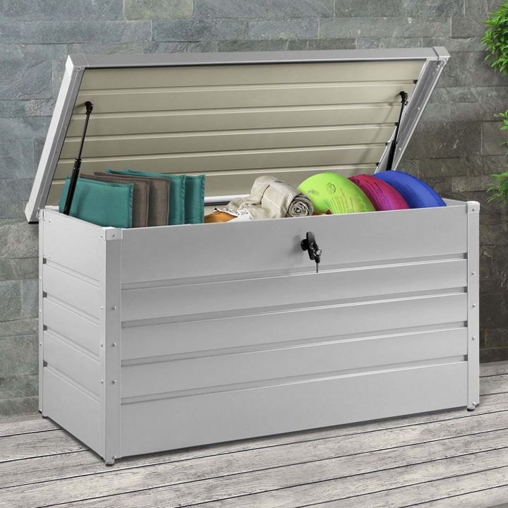Coffre de rangement en métal gris clair pour jardin 350L verrouillable Coffre de rangement en métal gris clair pour jardin 350L verrouillable