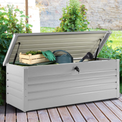 15943 - Cassetta impermeabile per esterni in metallo grigio chiaro 600 L Coffre de rangement métal verrouillable gris clair pour jardin 600L 165x70x63cm