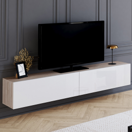 Meuble TV 180 cm suspendu ELIO 2 portes bois et blanc 