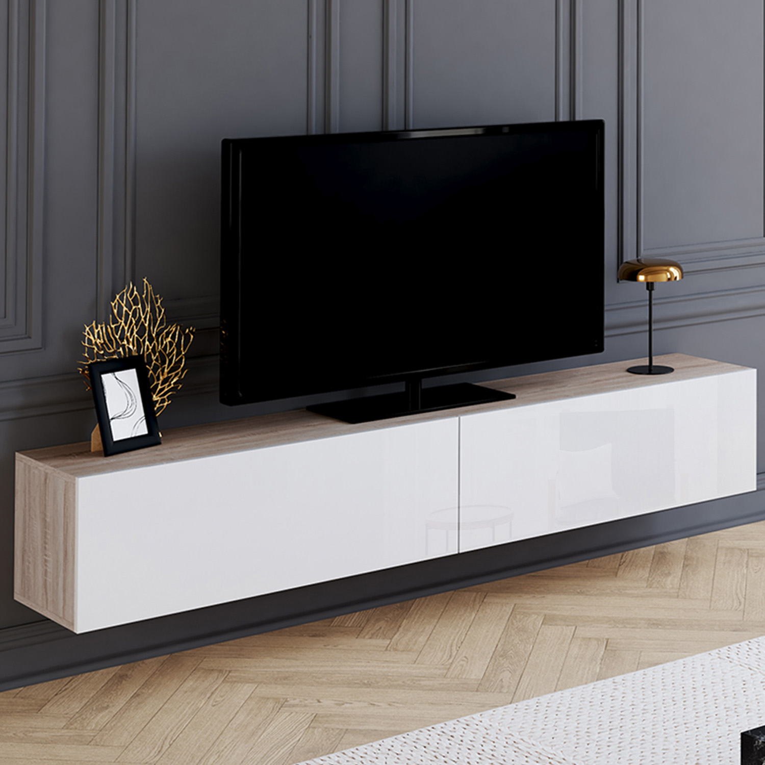 Meuble TV suspendu bois et blanc