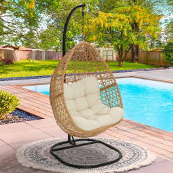 15837 - Poltrona sospesa in rattan con cuscino ecru Fauteuil lune suspendu ajouré effet rotin avec coussin écru