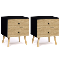 Lot 2 Tables De Chevet Anouk - 2 Tiroirs + Niche Réversible - Blanc & Bois - 20x30x50 Cm - Chambre Contemporaine