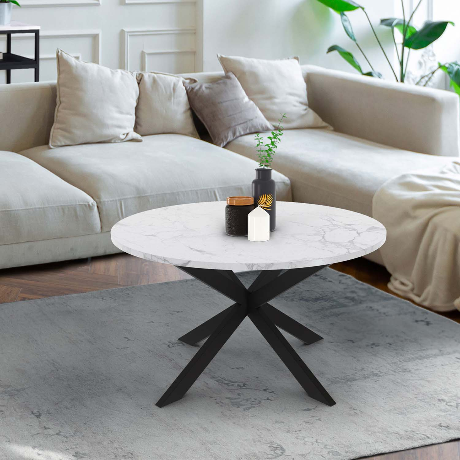 Table basse ronde avec plateau effet marbre blanc 70 cm