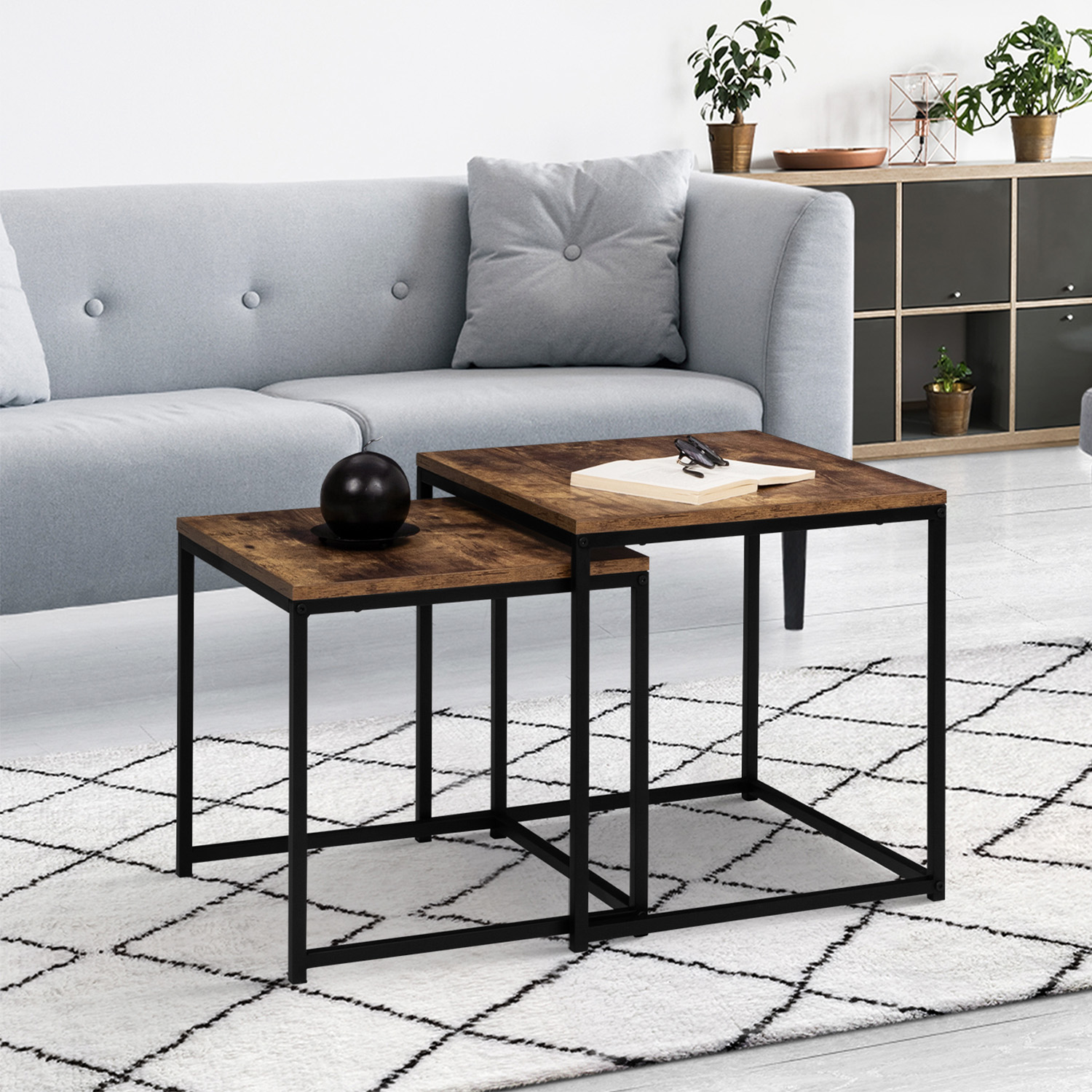 Lot de 2 tables basses gigognes industrielles effet bois vieilli