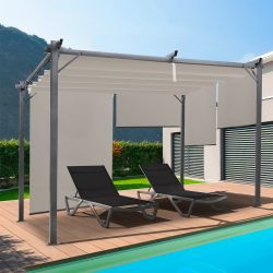 14386 - Pergola con tetto retrattile color tortora e tende a rullo Pergola édition spéciale toit rétractable 3x4 M et 4 stores taupe