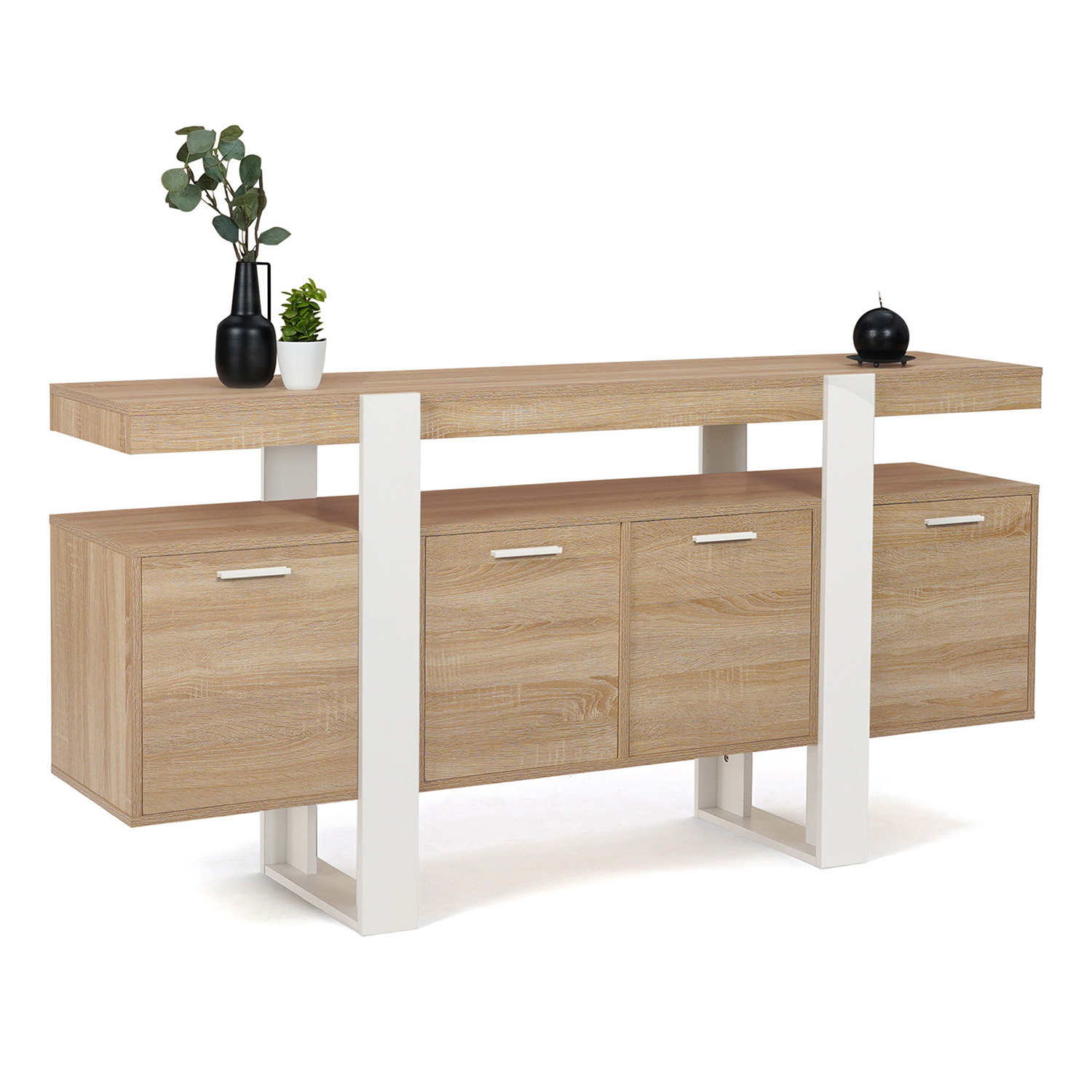 Grand buffet bois et blanc 160 cm 4 portes