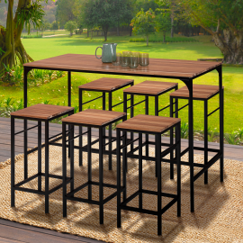 Salon de jardin PANAMA ensemble de bar table haute et 6 tabourets design industriel acacia