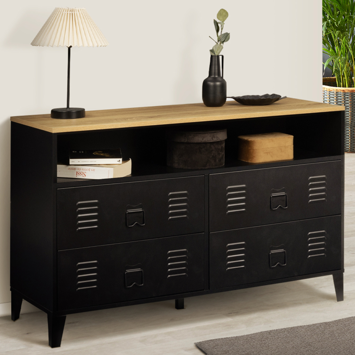 Industriekommode schwarz Metallschubladen und Holz Buche Nachbildung 4 Schubladen - ESTER