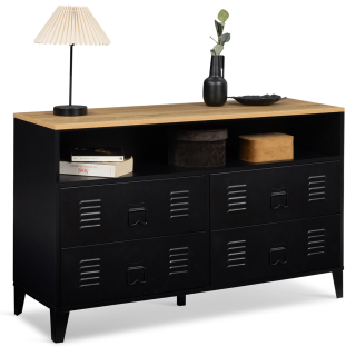 Commode 9 Tiroirs Tissu Industriel - 100x30x65 Cm, MDF Et Métal, Rangement Chambre, Entrée, Salon