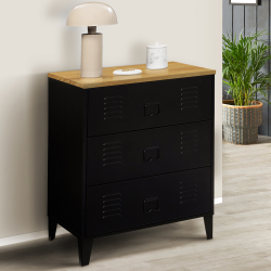 16106 - Cassettiera industriale a 3 cassetti, metallo nero e faggio Commode 3 tiroirs ESTER 60 cm métal noir et plateau façon hêtre design industriel