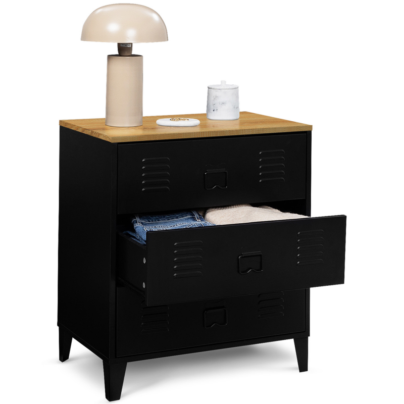 Commode Ester 60cm 3 Tiroirs - Design Industriel Noir - Métal Et Panneaux Bois - 60x40x72cm - À Monter