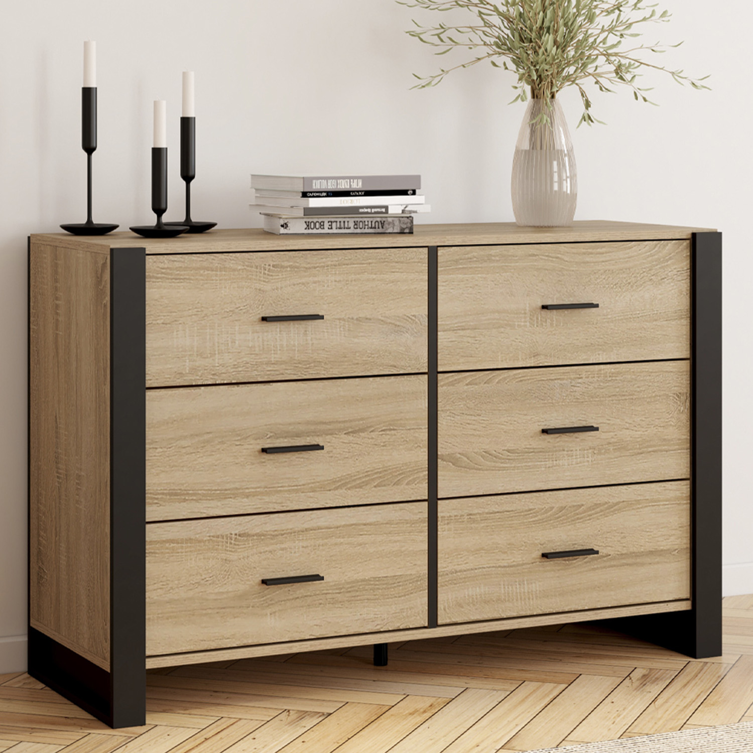 Commode 6 tiroirs bois et noir