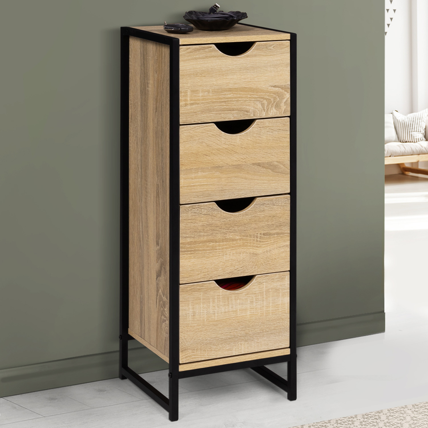 Meuble de rangement industriel chiffonnier d’appoint 80x30 cm 4 tiroirs