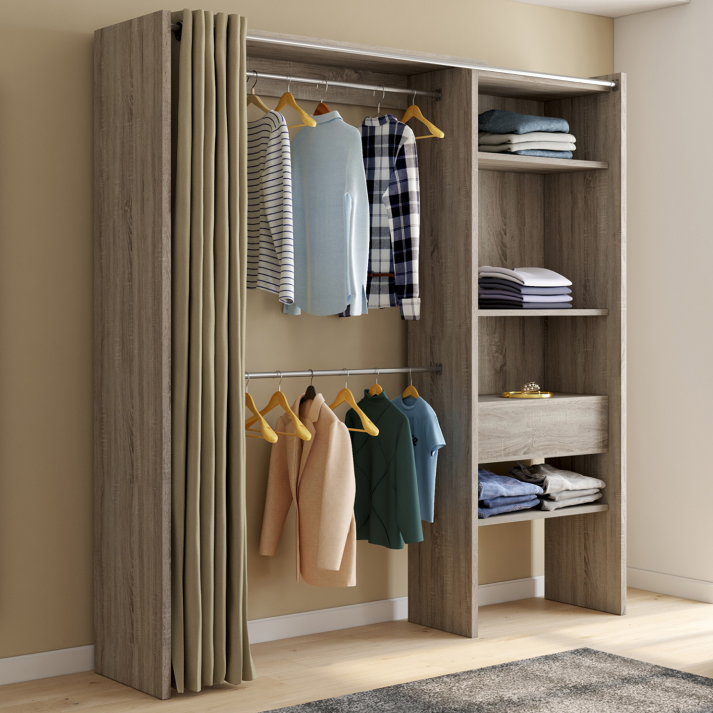 IDMarket - Dressing extensible MARTY 120/170 x 50 x 180 cm hêtre avec 3 tiroirs étagères double penderie rideau noir IDMarket - Dressing extensible MARTY 120/170 x 50 x 180 cm hêtre avec 3 tiroirs étagères double penderie rideau noir