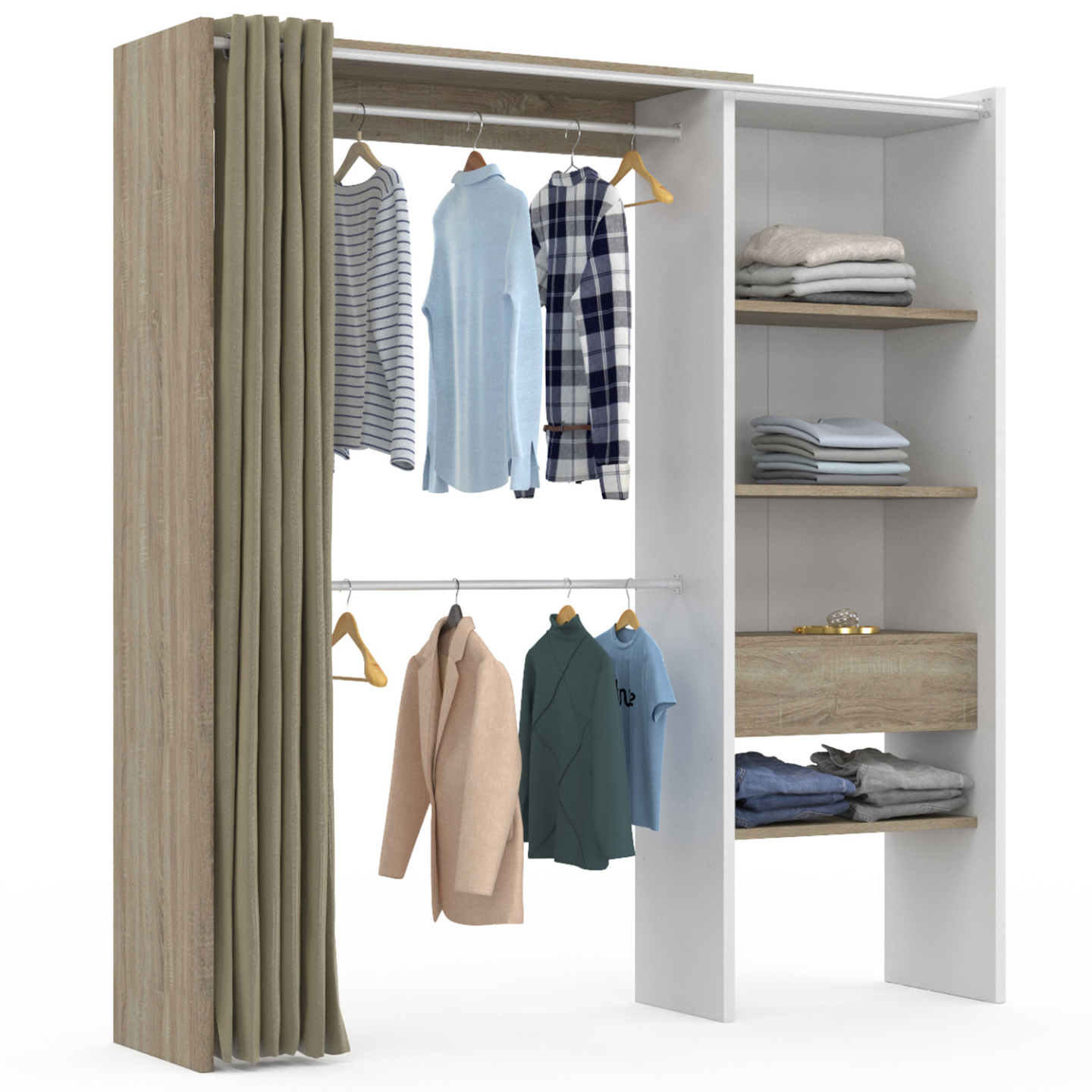 Dressing extensible blanc et bois avec rideau, double penderie et ...