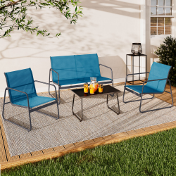 15789 - Set di mobili da giardino bassi a 4 posti, blu anatra Salon de jardin bas MALAGA 4 places avec canapé, fauteuils et table bleu canard