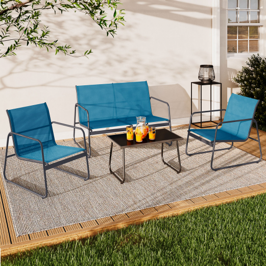 Salon de jardin bas MALAGA 4 places avec canapé, fauteuils et table bleu canard