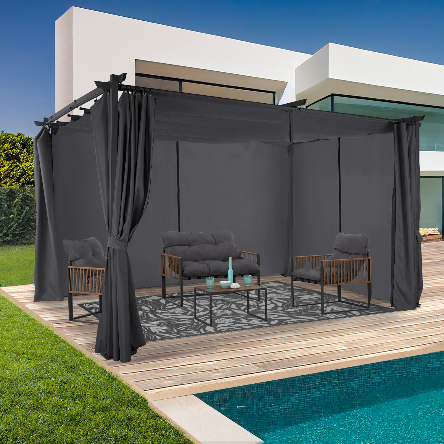 Pergola toit rétractable 3x4m gris avec 4 rideaux