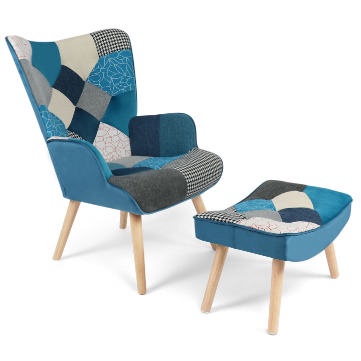 Fauteuil scandinave IVAR avec repose pieds en tissu patchwork et velours bleu Fauteuil scandinave IVAR avec repose pieds en tissu patchwork et velours bleu